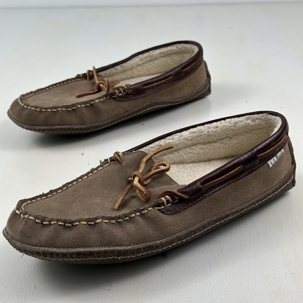 LL Bean  HandSewn Shearling Lined Slippers Mens 8Brown Roughout Suede‎ Moccasins